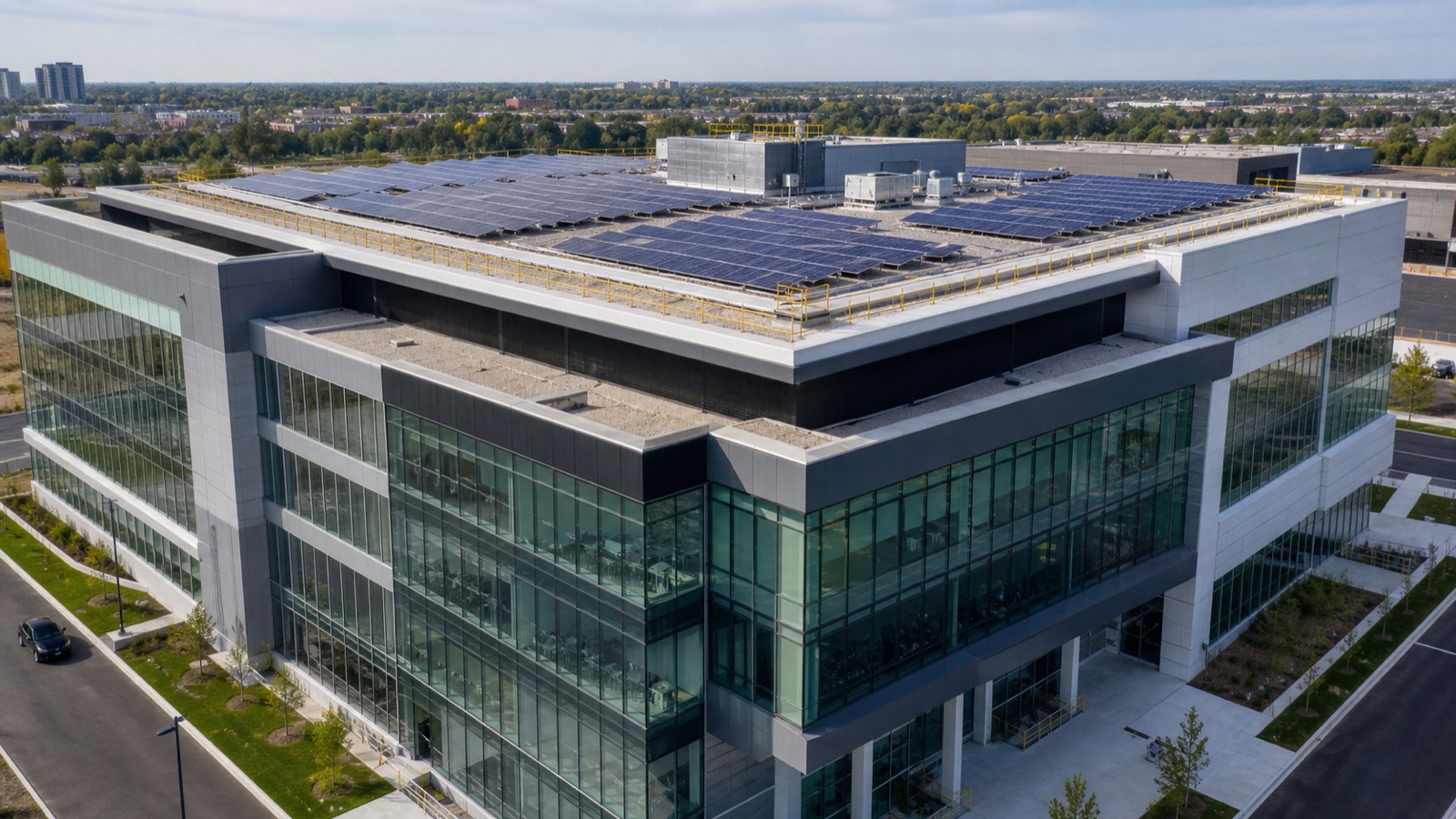 Multi-storey commercial building with coordinated rooftop photovoltaic equipment — application concept