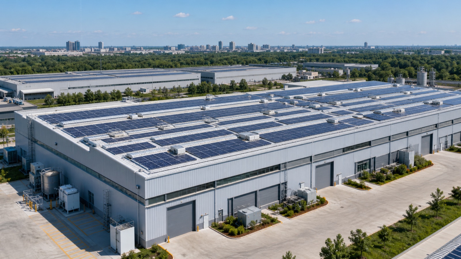 Industrial manufacturing factory with a coordinated rooftop photovoltaic array — application concept