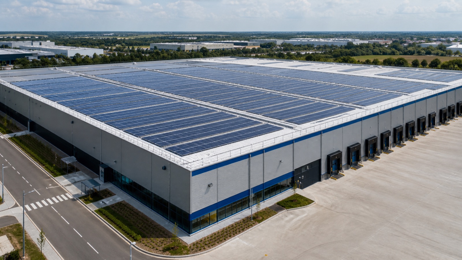 Industrial steel warehouse with a coordinated rooftop photovoltaic array — application concept