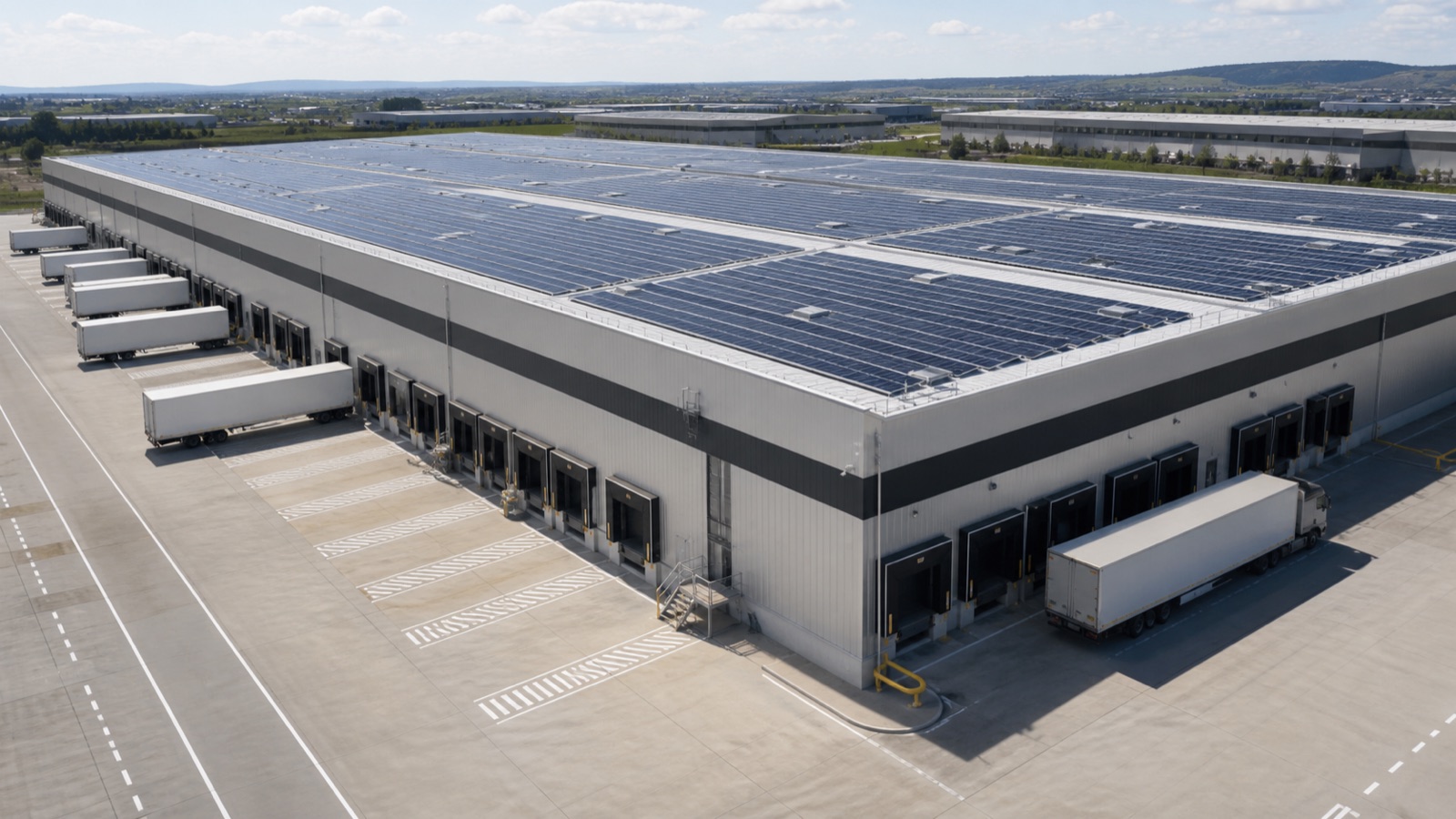 Warehouse and logistics distribution center with a coordinated rooftop photovoltaic array — application concept